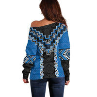 Blue Niho Taniwha Mix Poutama Off Shoulder Sweater Unique Taniko Aotearoa LT01 - Polynesian Pride