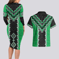 Green Niho Taniwha Mix Poutama Couples Matching Long Sleeve Bodycon Dress and Hawaiian Shirt Unique Taniko Aotearoa LT01 - Polynesian Pride