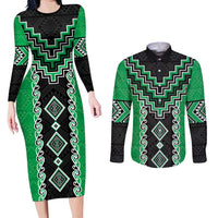 Green Niho Taniwha Mix Poutama Couples Matching Long Sleeve Bodycon Dress and Long Sleeve Button Shirt Unique Taniko Aotearoa LT01 Green - Polynesian Pride