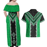 Green Niho Taniwha Mix Poutama Couples Matching Off Shoulder Maxi Dress and Hawaiian Shirt Unique Taniko Aotearoa LT01 - Polynesian Pride