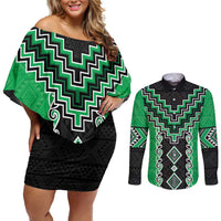 Green Niho Taniwha Mix Poutama Couples Matching Off Shoulder Short Dress and Long Sleeve Button Shirt Unique Taniko Aotearoa LT01 Green - Polynesian Pride