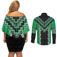 Green Niho Taniwha Mix Poutama Couples Matching Off Shoulder Short Dress and Long Sleeve Button Shirt Unique Taniko Aotearoa LT01 - Polynesian Pride