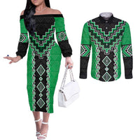 Green Niho Taniwha Mix Poutama Couples Matching Off The Shoulder Long Sleeve Dress and Long Sleeve Button Shirt Unique Taniko Aotearoa LT01 Green - Polynesian Pride