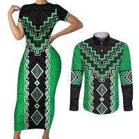 Green Niho Taniwha Mix Poutama Couples Matching Short Sleeve Bodycon Dress and Long Sleeve Button Shirt Unique Taniko Aotearoa LT01 Green - Polynesian Pride