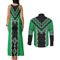 Green Niho Taniwha Mix Poutama Couples Matching Tank Maxi Dress and Long Sleeve Button Shirt Unique Taniko Aotearoa LT01 - Polynesian Pride