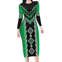 Green Niho Taniwha Mix Poutama Family Matching Long Sleeve Bodycon Dress and Hawaiian Shirt Unique Taniko Aotearoa LT01 Mom's Dress Green - Polynesian Pride