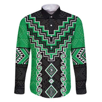 Green Niho Taniwha Mix Poutama Family Matching Puletasi and Hawaiian Shirt Unique Taniko Aotearoa LT01 Dad's Shirt - Long Sleeve Green - Polynesian Pride