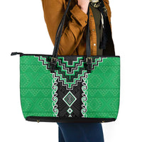 Green Niho Taniwha Mix Poutama Leather Tote Bag Unique Taniko Aotearoa LT01 - Polynesian Pride