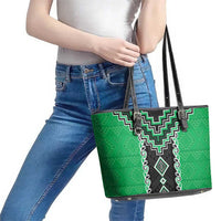 Green Niho Taniwha Mix Poutama Leather Tote Bag Unique Taniko Aotearoa LT01 - Polynesian Pride