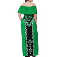 Green Niho Taniwha Mix Poutama Off Shoulder Maxi Dress Unique Taniko Aotearoa