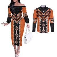 Orange Niho Taniwha Mix Poutama Couples Matching Off The Shoulder Long Sleeve Dress and Long Sleeve Button Shirt Unique Taniko Aotearoa LT01 Orange - Polynesian Pride