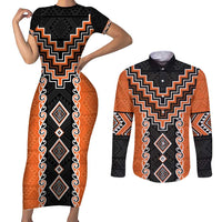 Orange Niho Taniwha Mix Poutama Couples Matching Short Sleeve Bodycon Dress and Long Sleeve Button Shirt Unique Taniko Aotearoa LT01 Orange - Polynesian Pride