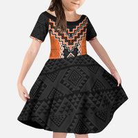 Orange Niho Taniwha Mix Poutama Family Matching Puletasi and Hawaiian Shirt Unique Taniko Aotearoa LT01 Daughter's Dress Orange - Polynesian Pride