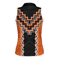 Orange Niho Taniwha Mix Poutama Women Sleeveless Polo Shirt Unique Taniko Aotearoa LT01 - Polynesian Pride