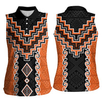 Orange Niho Taniwha Mix Poutama Women Sleeveless Polo Shirt Unique Taniko Aotearoa LT01 - Polynesian Pride