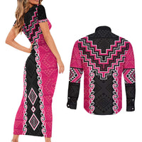 Pink Niho Taniwha Mix Poutama Couples Matching Short Sleeve Bodycon Dress and Long Sleeve Button Shirt Unique Taniko Aotearoa LT01 - Polynesian Pride