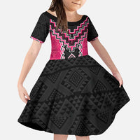 Pink Niho Taniwha Mix Poutama Family Matching Long Sleeve Bodycon Dress and Hawaiian Shirt Unique Taniko Aotearoa LT01 Daughter's Dress Pink - Polynesian Pride
