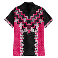 Pink Niho Taniwha Mix Poutama Family Matching Off The Shoulder Long Sleeve Dress and Hawaiian Shirt Unique Taniko Aotearoa