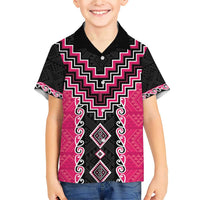 Pink Niho Taniwha Mix Poutama Family Matching Short Sleeve Bodycon Dress and Hawaiian Shirt Unique Taniko Aotearoa