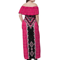 Pink Niho Taniwha Mix Poutama Off Shoulder Maxi Dress Unique Taniko Aotearoa