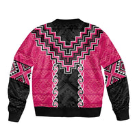 Pink Niho Taniwha Mix Poutama Sleeve Zip Bomber Jacket Unique Taniko Aotearoa