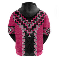 Pink Niho Taniwha Mix Poutama Zip Hoodie Unique Taniko Aotearoa