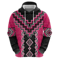 Pink Niho Taniwha Mix Poutama Zip Hoodie Unique Taniko Aotearoa