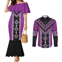 Purple Niho Taniwha Mix Poutama Couples Matching Mermaid Dress and Long Sleeve Button Shirt Unique Taniko Aotearoa LT01 Purple - Polynesian Pride