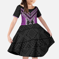 Purple Niho Taniwha Mix Poutama Family Matching Long Sleeve Bodycon Dress and Hawaiian Shirt Unique Taniko Aotearoa LT01 Daughter's Dress Purple - Polynesian Pride