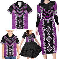 Purple Niho Taniwha Mix Poutama Family Matching Long Sleeve Bodycon Dress and Hawaiian Shirt Unique Taniko Aotearoa LT01 - Polynesian Pride