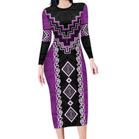 Purple Niho Taniwha Mix Poutama Family Matching Long Sleeve Bodycon Dress and Hawaiian Shirt Unique Taniko Aotearoa LT01 Mom's Dress Purple - Polynesian Pride