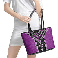 Purple Niho Taniwha Mix Poutama Leather Tote Bag Unique Taniko Aotearoa