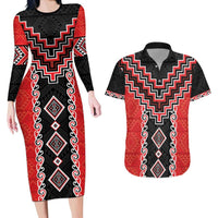 Red Niho Taniwha Mix Poutama Couples Matching Long Sleeve Bodycon Dress and Hawaiian Shirt Unique Taniko Aotearoa LT01 Red - Polynesian Pride