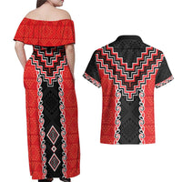 Red Niho Taniwha Mix Poutama Couples Matching Off Shoulder Maxi Dress and Hawaiian Shirt Unique Taniko Aotearoa LT01 - Polynesian Pride
