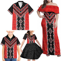Red Niho Taniwha Mix Poutama Family Matching Off Shoulder Maxi Dress and Hawaiian Shirt Unique Taniko Aotearoa LT01 - Polynesian Pride