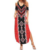 Red Niho Taniwha Mix Poutama Family Matching Summer Maxi Dress and Hawaiian Shirt Unique Taniko Aotearoa LT01 Mom's Dress Red - Polynesian Pride