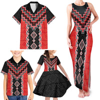 Red Niho Taniwha Mix Poutama Family Matching Tank Maxi Dress and Hawaiian Shirt Unique Taniko Aotearoa