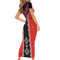 Red Niho Taniwha Mix Poutama Short Sleeve Bodycon Dress Unique Taniko Aotearoa