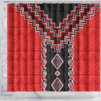 Red Niho Taniwha Mix Poutama Shower Curtain Unique Taniko Aotearoa