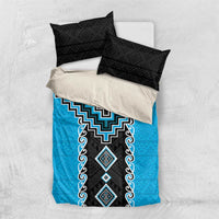 Sky Blue Niho Taniwha Mix Poutama Bedding Set Unique Taniko Aotearoa
