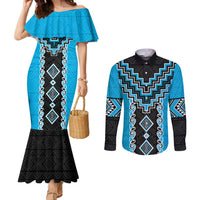Sky Blue Niho Taniwha Mix Poutama Couples Matching Mermaid Dress and Long Sleeve Button Shirt Unique Taniko Aotearoa LT01 Sky Blue - Polynesian Pride