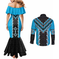 Sky Blue Niho Taniwha Mix Poutama Couples Matching Mermaid Dress and Long Sleeve Button Shirt Unique Taniko Aotearoa LT01 - Polynesian Pride