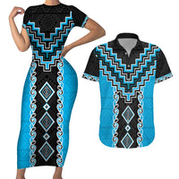 Sky Blue Niho Taniwha Mix Poutama Couples Matching Short Sleeve Bodycon Dress and Hawaiian Shirt Unique Taniko Aotearoa LT01 Sky Blue - Polynesian Pride