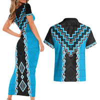 Sky Blue Niho Taniwha Mix Poutama Couples Matching Short Sleeve Bodycon Dress and Hawaiian Shirt Unique Taniko Aotearoa LT01 - Polynesian Pride