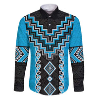 Sky Blue Niho Taniwha Mix Poutama Family Matching Summer Maxi Dress and Hawaiian Shirt Unique Taniko Aotearoa LT01 Dad's Shirt - Long Sleeve Sky Blue - Polynesian Pride