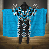 Sky Blue Niho Taniwha Mix Poutama Hooded Blanket Unique Taniko Aotearoa