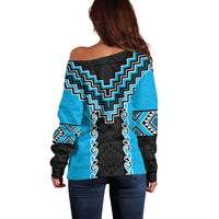 Sky Blue Niho Taniwha Mix Poutama Off Shoulder Sweater Unique Taniko Aotearoa LT01 - Polynesian Pride