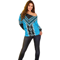 Sky Blue Niho Taniwha Mix Poutama Off Shoulder Sweater Unique Taniko Aotearoa LT01 - Polynesian Pride