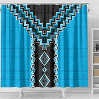 Sky Blue Niho Taniwha Mix Poutama Shower Curtain Unique Taniko Aotearoa