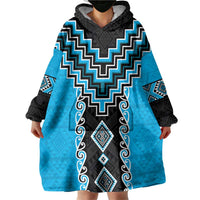 Sky Blue Niho Taniwha Mix Poutama Wearable Blanket Hoodie Unique Taniko Aotearoa